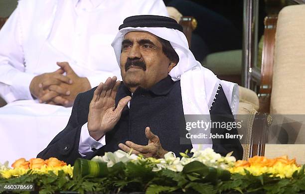 The Emir of Qatar, Sheikh Hamad bin Khalifa Al Thani attends the semi-finals of the Qatar ExxonMobil Open 2014 held at the Khalifa International...
