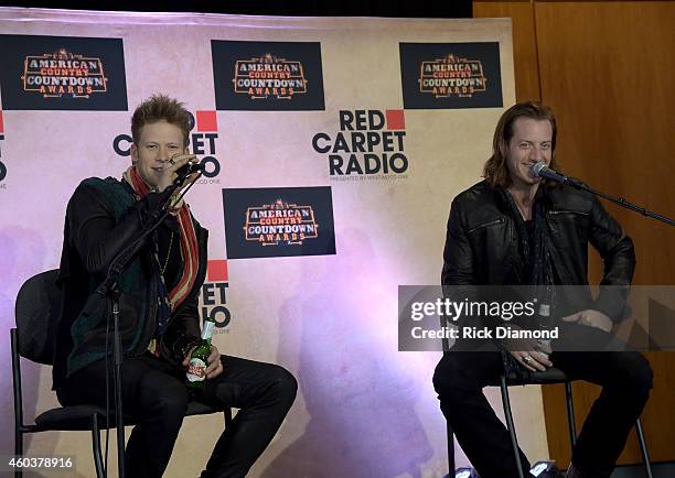 Brian Kelley and Tyler Hubbard of Florida Georgia Line speak at the Post Radio Row Q&A during Red Carpet Radio presented by Westwood One at the...