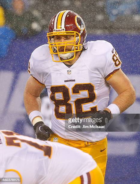 Logan Paulsen of the Washington Redskins in action against the New York Giants on December 29, 2013 at MetLife Stadium in East Rutherford, New...