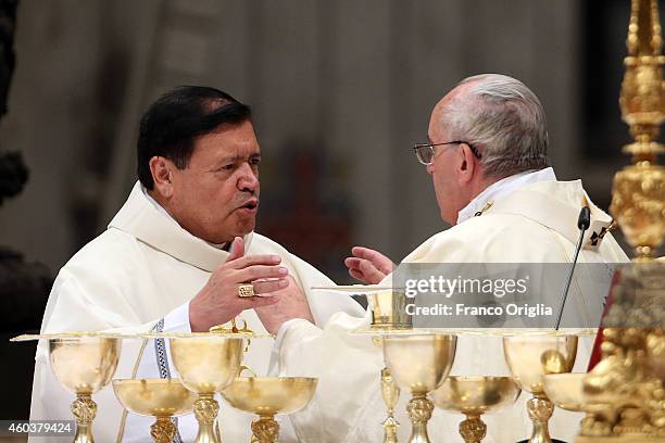 Pope Francis greets archbishop of Mexico City Cardinal Norberto Rivera Carrera during an Eucharist celebration at the St. Peter's Basilica on...