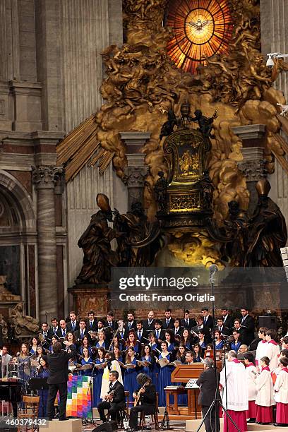 Argentinian Chorus 'Musica Nova' perform during an Eucharist celebration at the St. Peter's Basilica held by Pope Francis on December 12, 2014 in...