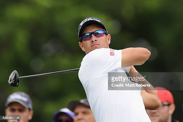 Adam Scott of Australia tees off on the 6th hole during day three of the 2014 Australian PGA Championship at Royal Pines Resort on December 13, 2014...
