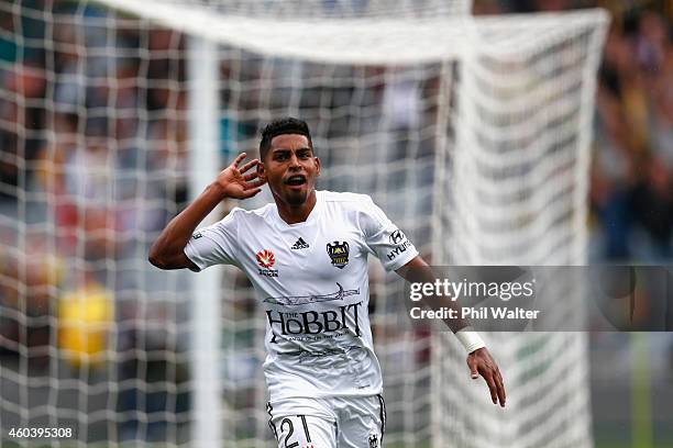 Roy Krishna of the Phoenix celebrates his goal during the round 11 A-League match between the Wellington Phoenix and the Central Coast Mariners at...