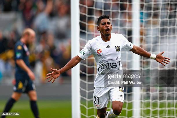 Roy Krishna of the Phoenix celebrates his goal during the round 11 A-League match between the Wellington Phoenix and the Central Coast Mariners at...