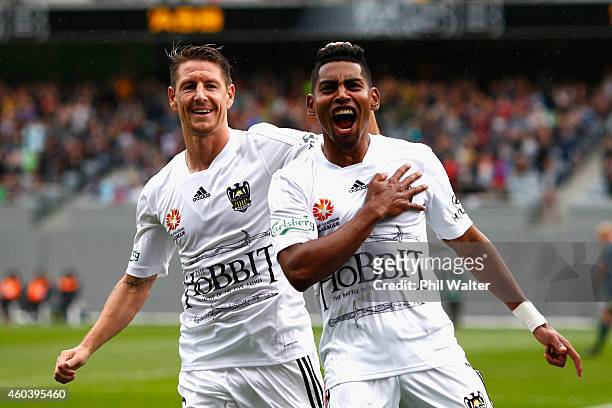 Roy Krishna of the Phoenix celebrates his goal with Nathan Burns during the round 11 A-League match between the Wellington Phoenix and the Central...