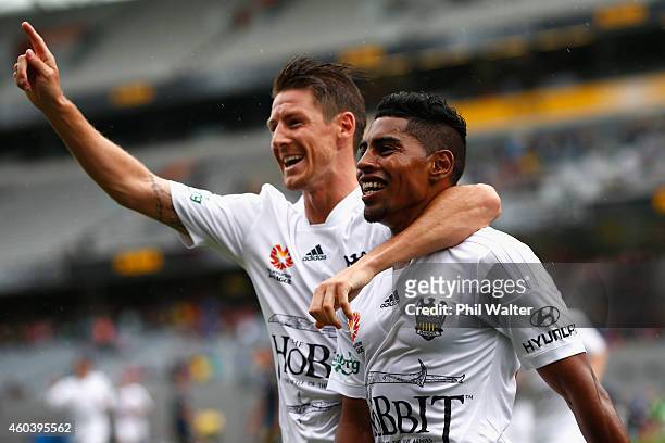 Roy Krishna of the Phoenix celebrates his goal with Nathan Burns during the round 11 A-League match between the Wellington Phoenix and the Central...