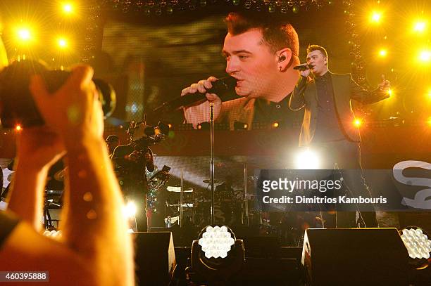 Sam Smith performs onstage during iHeartRadio Jingle Ball 2014, hosted by Z100 New York and presented by Goldfish Puffs at Madison Square Garden on...