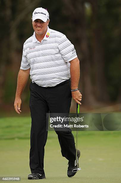 Boo Weekley of the United States smles on the 16th green during day three of the 2014 Australian PGA Championship at Royal Pines Resort on December...