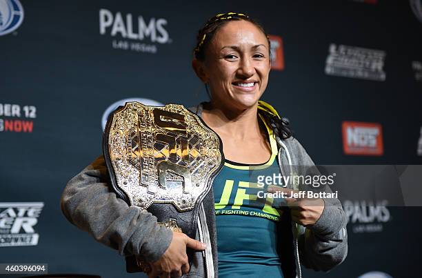 Strawweight champion Carla Esparza interacts with the media during The Ultimate Fighter Finale post fight press conference event inside the Palms...