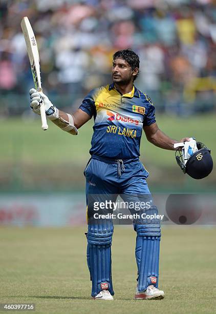 Kumar Sangakkara of Sri Lanka leaves the field after being dismissed for 112 runs during the 6th One Day International match between Sri Lanka and...