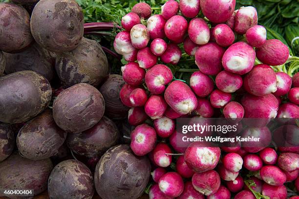 Market scene with produce in the market hall in Angelmo, Puerto Montt in southern Chile.