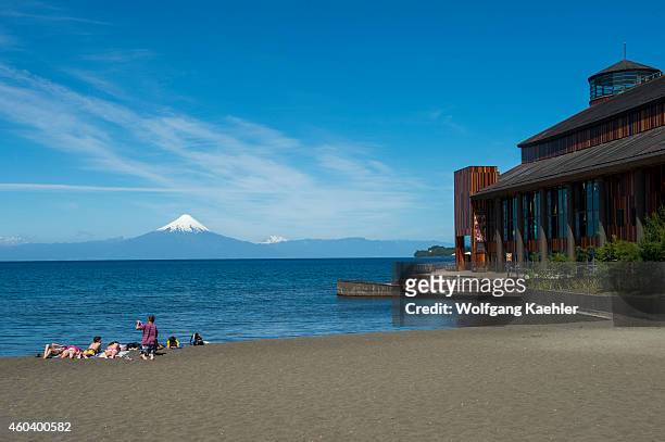 The Teatro del Lago in Frutillar, a small town on Lake Llanquihue in the Lake District near Puerto Montt, Chile with Osorno Volcano in background.