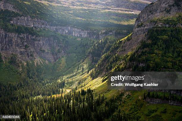 View of mountain slopes from the Going-to-the-Sun Road near Logan Pass in Glacier National Park, Montana, United States.