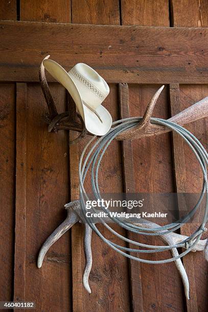 Cowboy hat and lasso on elk antlers at Averill's Flathead Lake Lodge, a dude ranch near Kalispell, Montana, United States.