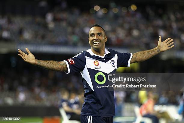 Archie Thompson of Victory celebrates after scoring a goal during the round 11 A-League match between Melbourne Victory and Sydney FC at Etihad...