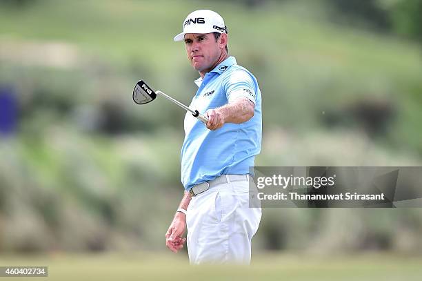 Lee Westwood of England plays a shot during round three of the Thailand Golf Championship at Amata Spring Country Club on December 13, 2014 in Chon...
