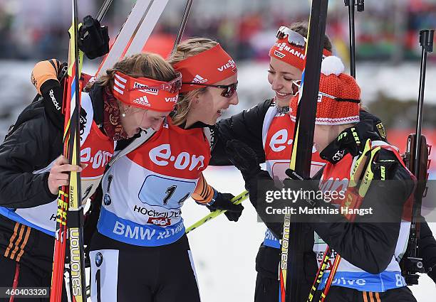 The German team with Vanessa Hinz of Germany, Franziska Preuss of Germany, Luise Kummer of Germany and Frannziska Hildebrand of Germany celebrate...