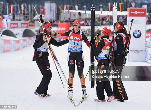 The German team with Vanessa Hinz of Germany, Franziska Preuss of Germany, Luise Kummer of Germany and Frannziska Hildebrand of Germany celebrate...