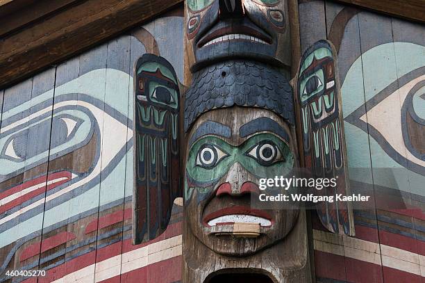 Detail of the clan house at the Totem Bight State Historical Park in Ketchikan, Southeast Alaska, USA.