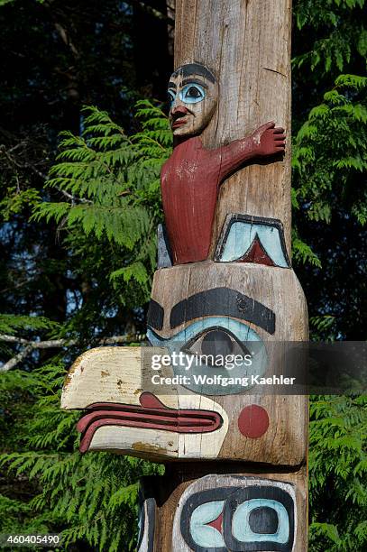 Detail of Tlingit totem pole at the Totem Bight State Historical Park in Ketchikan, Southeast Alaska, USA.