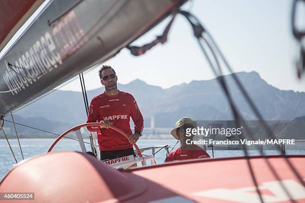 In this handout image provided by the Volvo Ocean Race, onboard MAPFRE. Andre Fonseca and Iker Martinez on watch during the final 24 hours of Leg 2,...