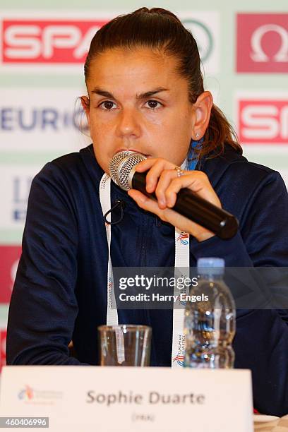 Sophie Duarte of France speaks during a press conference ahead of the European Cross-Country Championships on December 13, 2014 in Samokov, Bulgaria.