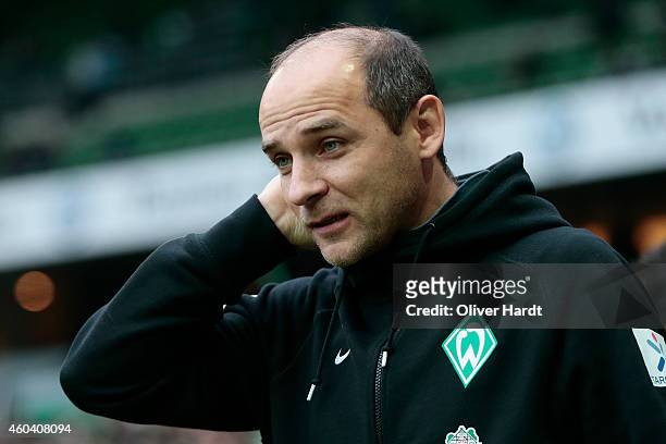Head coach Viktor Skripnik of Bremen looks on prior to the First Bundesliga match between SV Werder Bremen and Hannover 96 at Weserstadion on...