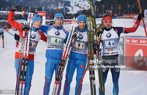 The Russian Team with Maxim Tsvetkov of Russia, Timofey Lapshin of Russia, Dmitry Malyshko of Russia and Anton Shipulin of Russia celebrate after...