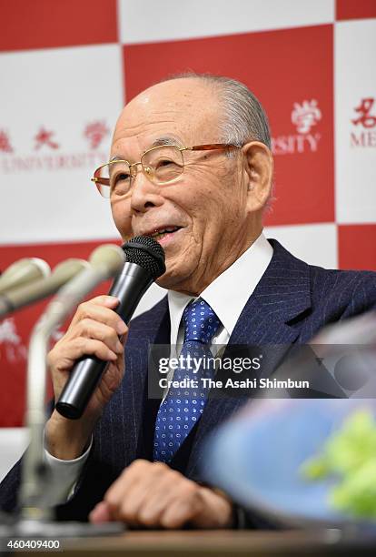 Nobel Prize in Physics laureate Isamu Akasaki speaks during a press conference upon arrival at Tokyo International Airport on December 12, 2014 in...