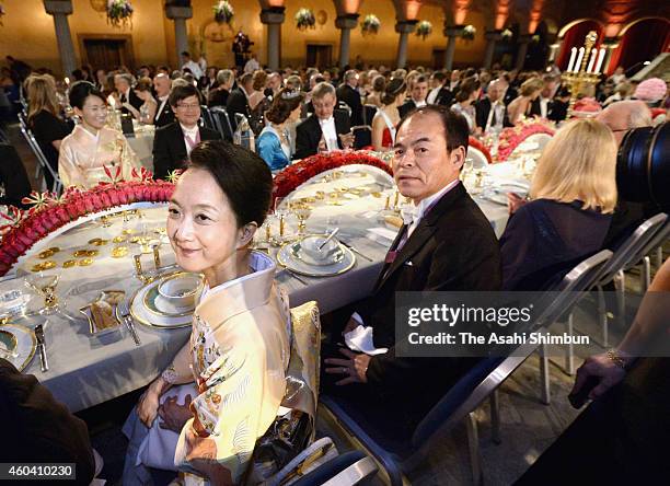 Professor Shuji Nakamura and Kasumi Amano , wife of prfessor Hiroshi Amano attend the Nobel Prize Banquet 2014 at City Hall on December 10, 2014 in...
