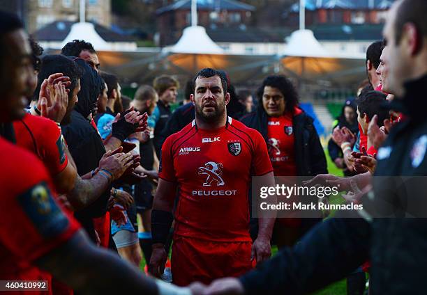 Corey Flynn of Toulouse walks from the pitch at the end of the European Rugby Champions Cup Pool 4 match, between Glasgow Warriors and Toulouse at...