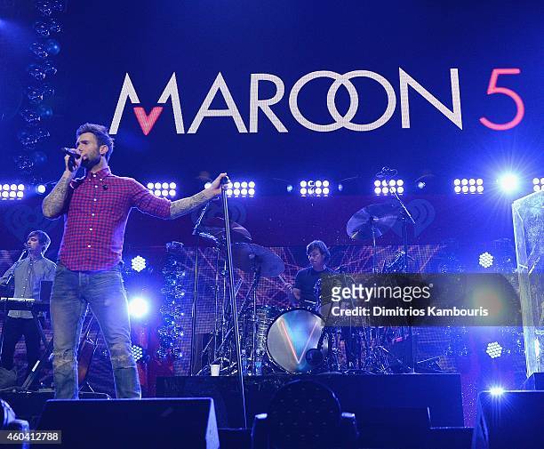 Adam Levine performs during the iHeartRadio Jingle Ball 2014, hosted by Z100 New York and presented by Goldfish Puffs at Madison Square Garden on...
