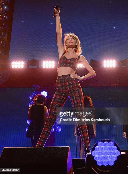 Taylor Swift performs during the iHeartRadio Jingle Ball 2014, hosted by Z100 New York and presented by Goldfish Puffs at Madison Square Garden on...