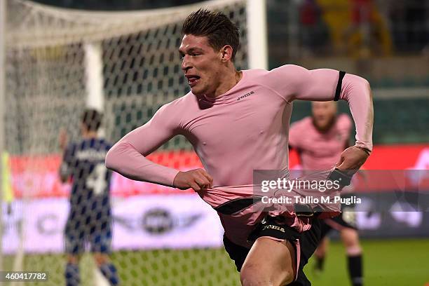 Andrea Belotti of Palermo celebrates after scoring his team's second goal during the Serie A match between US Citta di Palermo and US Sassuolo Calcio...