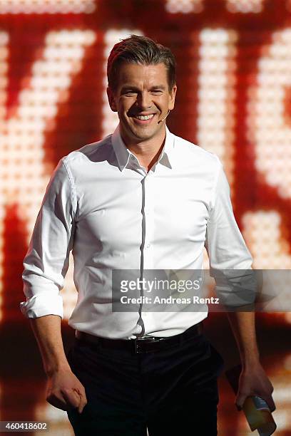 Markus Lanz seen on stage at the last broadcast of the Wetten, dass..?? tv show on December 13, 2014 in Nuremberg, Germany.