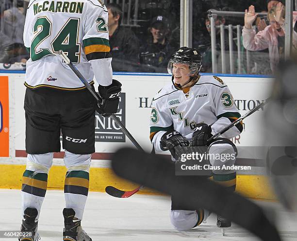 Julius Bergman of the London Knights celebrates his long distance empty net goal against the Plymouth Whalers in an OHL game at Budweiser Gardens on...