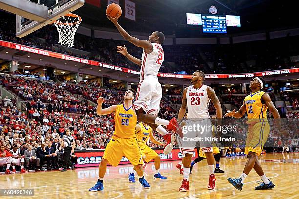 Sam Thompson of the Ohio State Buckeyes makes a basket during the second half of the game against the Morehead State Eagles at Value City Arena on...