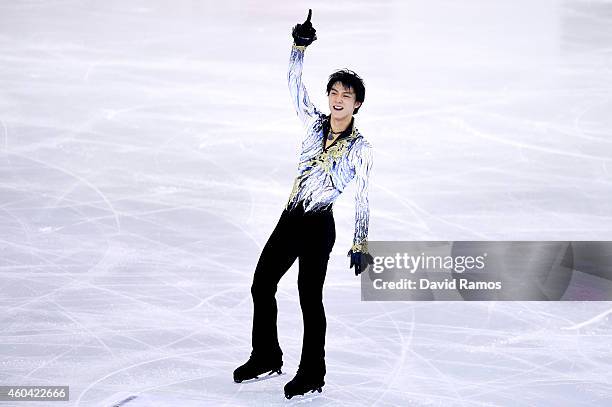 Yuzuru Hanyu of Japan celebrates winning Ice Men Skating Final during day three of the ISU Grand Prix of Figure Skating Final 2014/2015 at Barcelona...