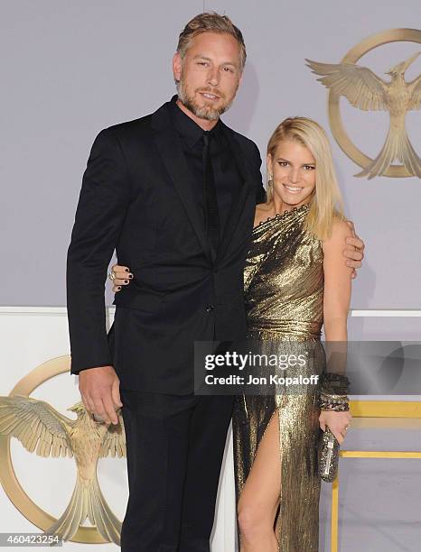 Eric Johnson and Jessica Simpson arrive at the Los Angele Premiere "The Hunger Games: Mockingjay Part 1" at Nokia Theatre L.A. Live on November 17,...
