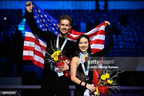 Madison Chock and Evan Bates of USA pose for the media during the medals ceremony during day three of the ISU Grand Prix of Figure Skating Final...