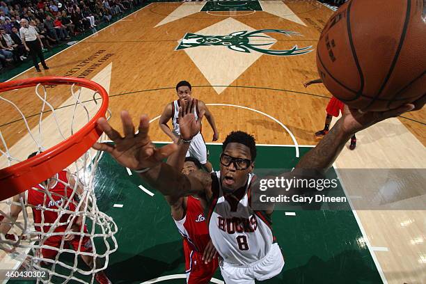 Larry Sanders of the Milwaukee Bucks goes to the basket against the Los Angeles Clippers on December 13, 2014 at the BMO Harris Bradley Center in...