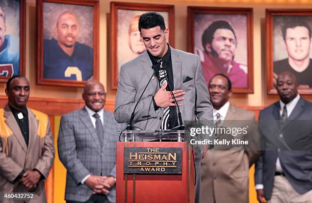 Marcus Mariota, quarterback for the University of Oregon Ducks, speaks after being named the 80th Heisman Memorial Trophy Award winner during the...