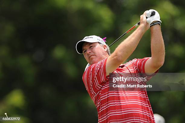 Boo Weekley of the United States tees off on the 6th hole during day four of the 2014 Australian PGA Championship at Royal Pines Resort on December...