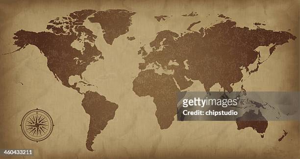 stockillustraties, clipart, cartoons en iconen met a sepia colored vintage world map, with a compass detail  - old world map