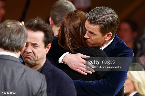 Host Markus Lanz and his wife Angela Gessmann are seen after the last broadcast of the Wetten, dass..?? tv show on December 13, 2014 in Nuremberg,...