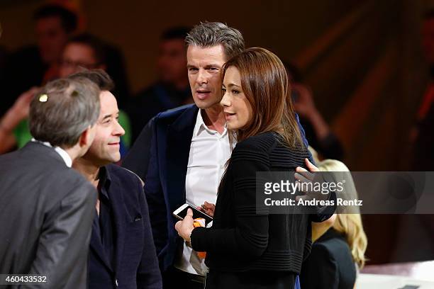 Host Markus Lanz his wife Angela Gessmann are seen after the last broadcast of the Wetten, dass..?? tv show on December 13, 2014 in Nuremberg,...
