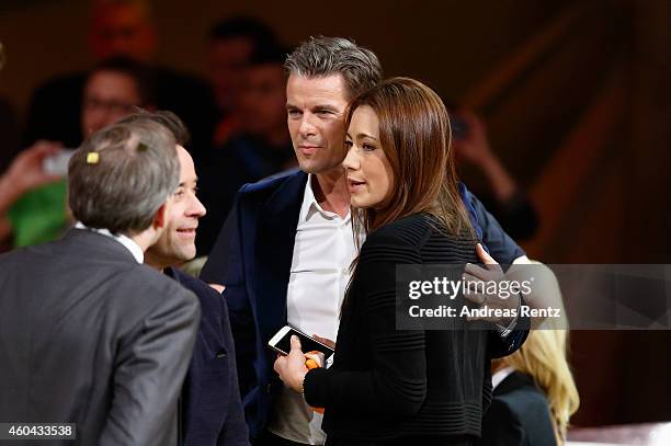 Host Markus Lanz and his wife Angela Gessmann are seen after the last broadcast of the Wetten, dass..?? tv show on December 13, 2014 in Nuremberg,...