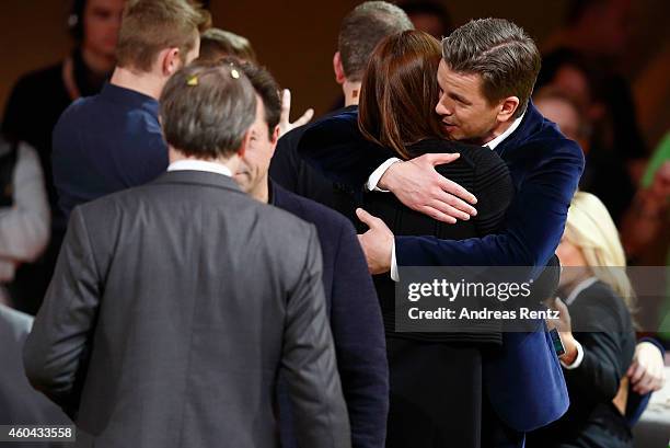 Host Markus Lanz and his wife Angela Gessmann are seen after the last broadcast of the Wetten, dass..?? tv show on December 13, 2014 in Nuremberg,...