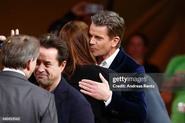 Host Markus Lanz and his wife Angela Gessmann are seen after the last broadcast of the Wetten, dass..?? tv show on December 13, 2014 in Nuremberg,...