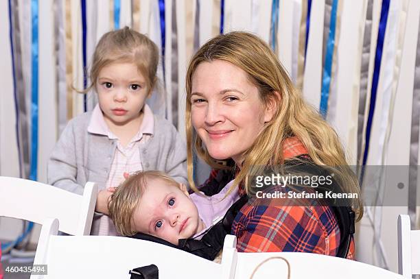 Drew Barrymore, Olive Barrymore Kopelman and Frankie Barrymore Kopelman attend Baby2Baby Holiday Party Presented By The Honest Company on December...